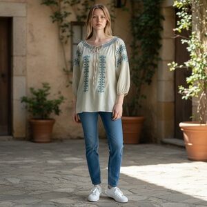 XCVI Boho Green Embroidered Pheasant Top